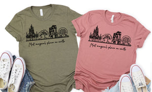 Most Magical Place on Earth Shirt Youth Unisex Shirt - BLACK IMAGE/Disney World Parks Icons/Cinderella Castle/Epcot Spaceship Earth/Tree of Life/Hollywood Tower Hotel