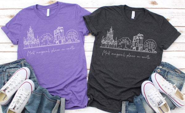 Most Magical Place on Earth YOUTH UNISEX Shirt- White image/Disney World Parks Icons/Cinderella Castle/Epcot Spaceship Earth/Tree of Life/Hollywood Tower Hotel