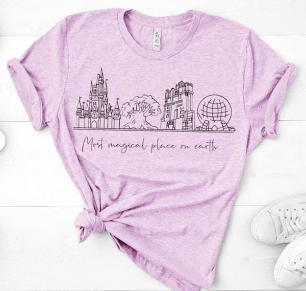 Most Magical Place on Earth Shirt/Disney World Parks Icons/Cinderella Castle/Epcot Spaceship Earth/Tree of Life/Hollywood Tower Hotel