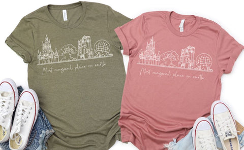 Most Magical Place on Earth ADULT UNISEX Shirt- White image/Disney World Parks Icons/Cinderella Castle/Epcot Spaceship Earth/Tree of Life/Hollywood Tower Hotel