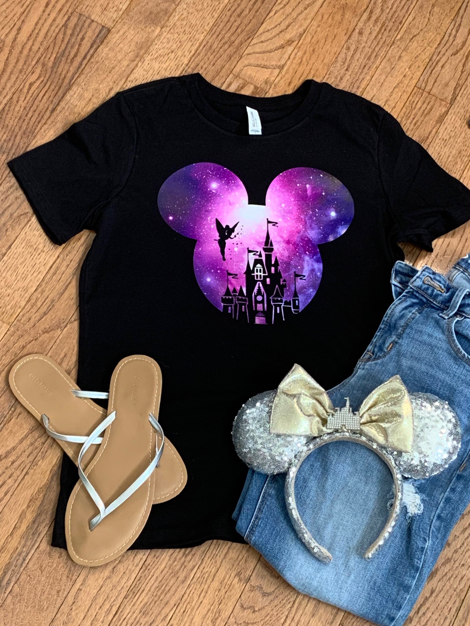 Galaxy Design Mickey Ears with Castle Cutout Unisex Adult, Women's Relaxed , Youth or Toddler T-shirt