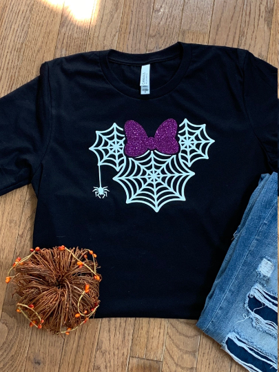 Minnie Head Spiderweb Design Glow in Dark shirt with Glitter Bow Unisex T Shirt
