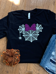 Minnie Head Spiderweb Design Glow in Dark shirt with Glitter Bow  YOUTH OR TODDLER Unisex T Shirt