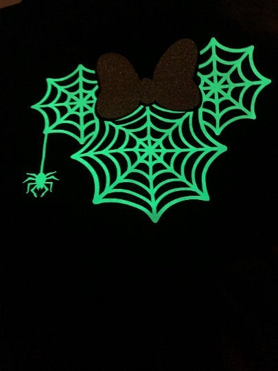 Minnie Head Spiderweb Design Glow in Dark shirt with Glitter Bow  YOUTH OR TODDLER Unisex T Shirt