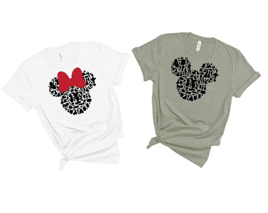 Mickey or Minnie Head with Characters Matching Unisex T-Shirts