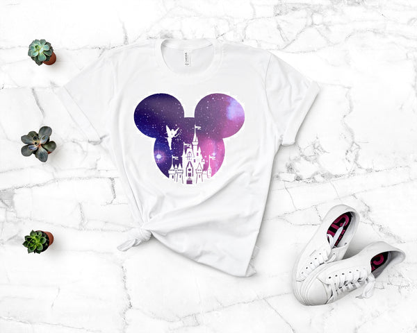 Galaxy Design Mickey Ears with Castle Cutout Unisex Adult, Women's Relaxed , Youth or Toddler T-shirt